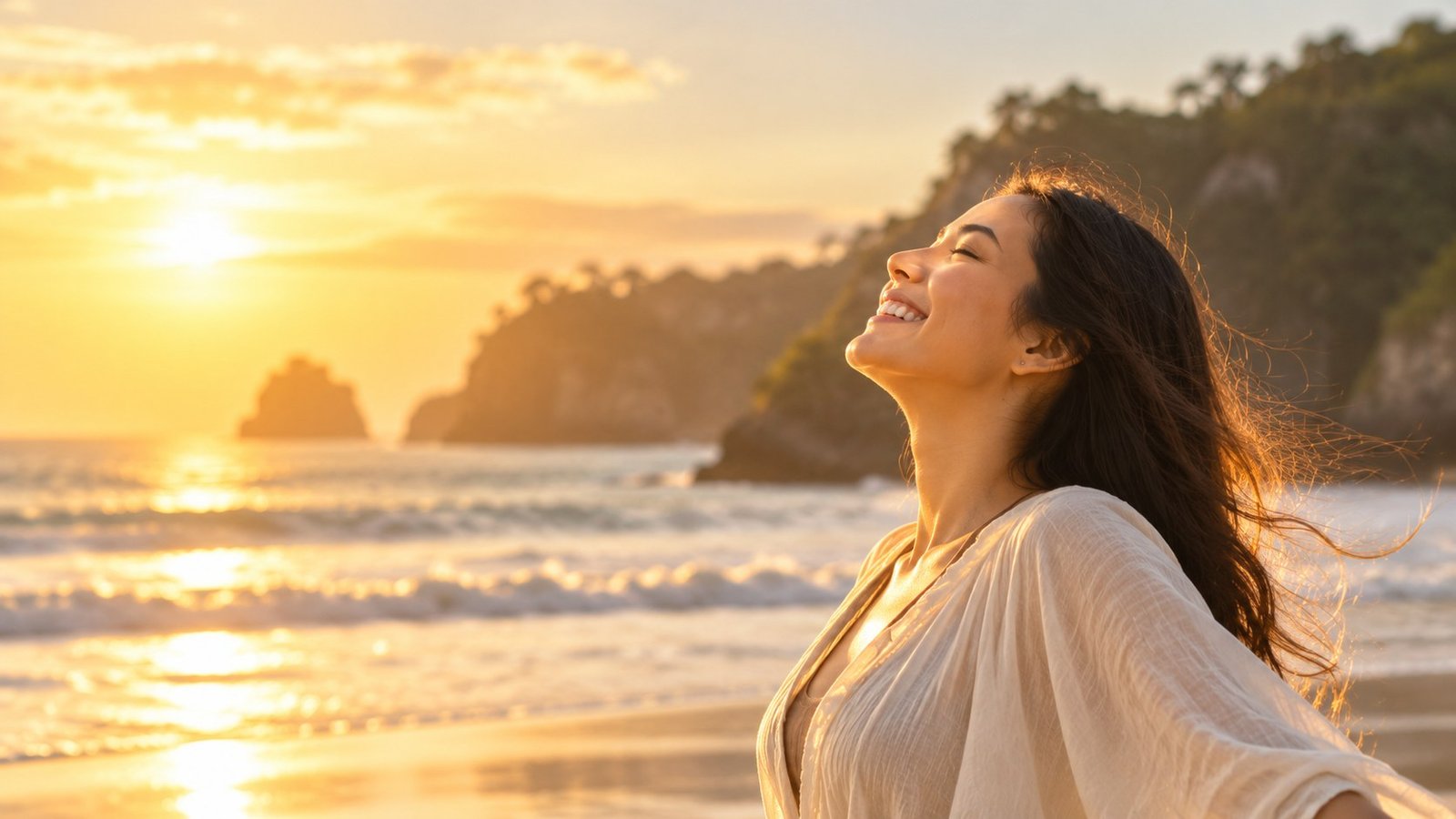 Perempuan menikmati ketenangan di pantai
